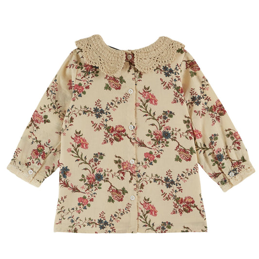 ORCHID FLORAL WITH CHROCHETED COLLAR DRESS - ECRU