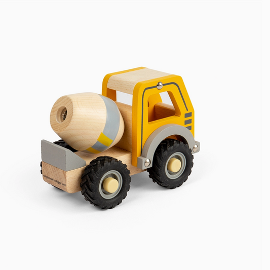 Wooden toy cement mixer truck on a white background