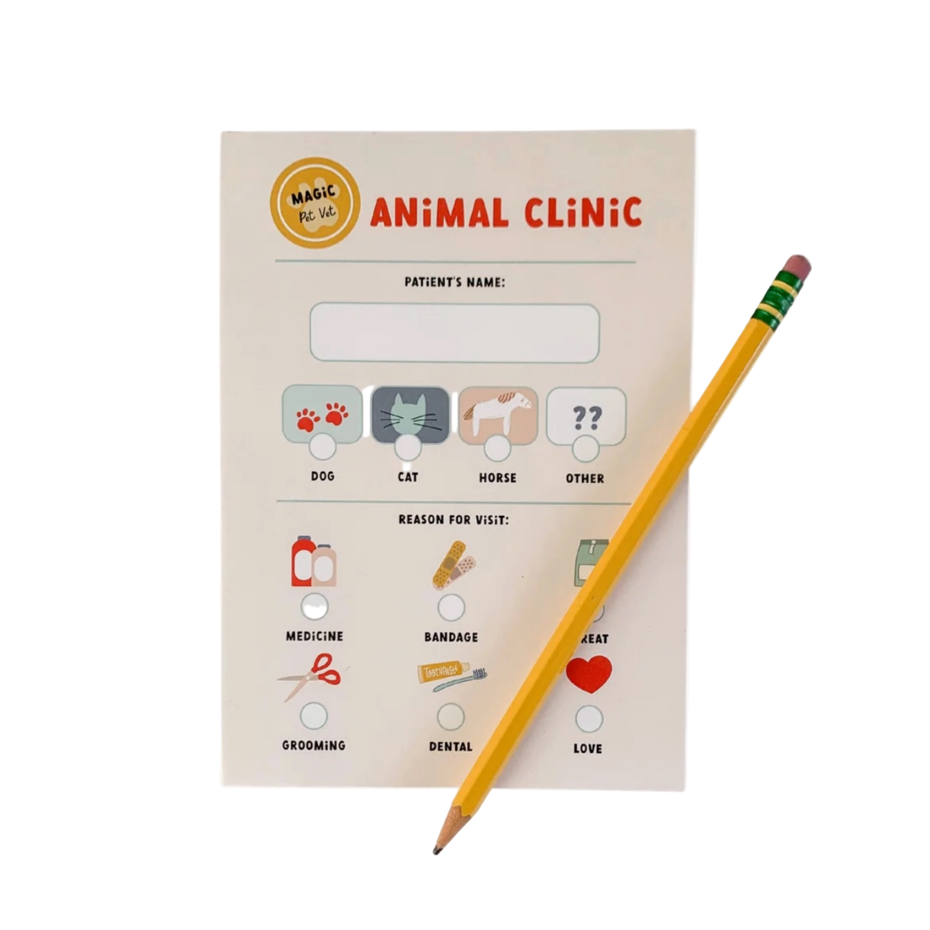 Notebook titled 'Animal Clinic' with a pencil on a white background