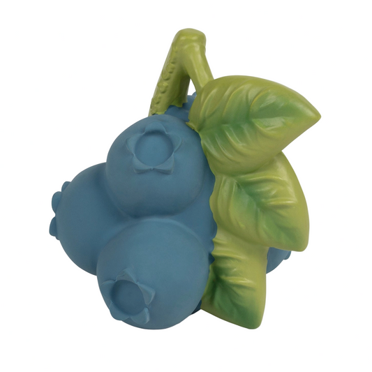 Blueberry-shaped toy with green leaves on a white background