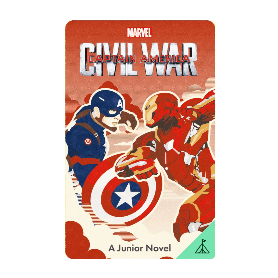Book cover of 'Captain America: Civil War' junior novel with superhero design on a yellow background