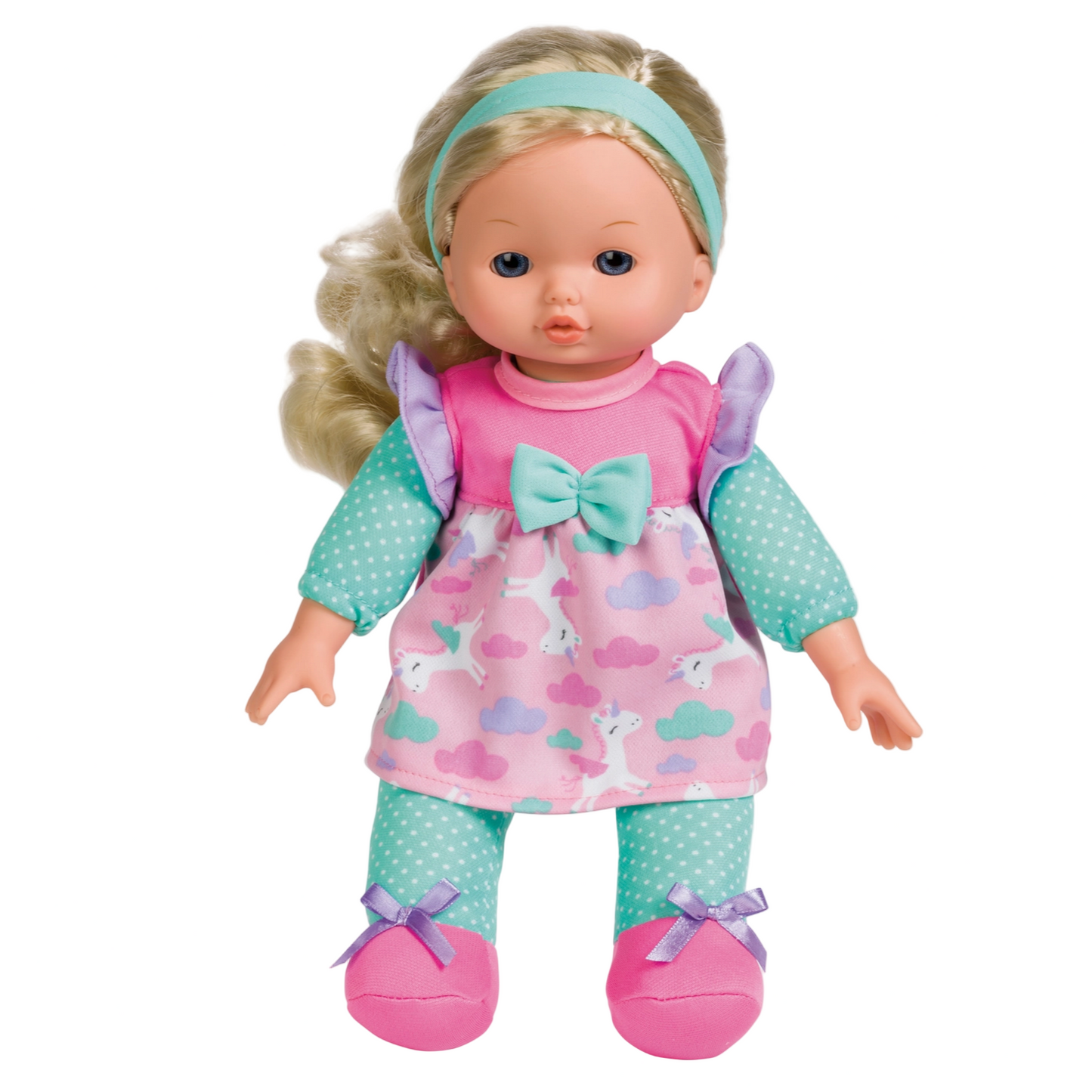 Doll wearing a pink outfit with cloud and rainbow design on a white background