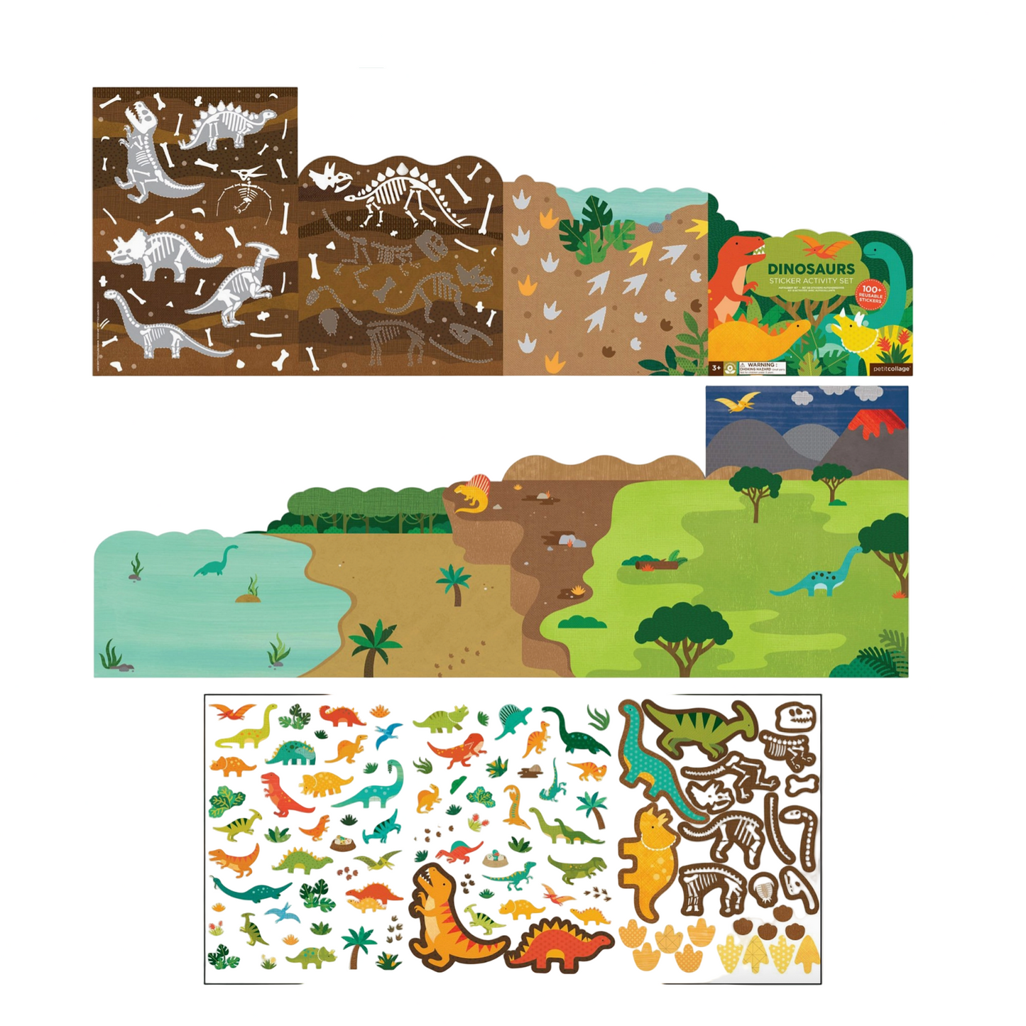 Collection of dinosaur-themed stickers and patterns on a computer screen with 'petit collage' branding.