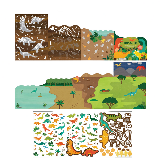Collection of dinosaur-themed stickers and patterns on a computer screen with 'petit collage' branding.