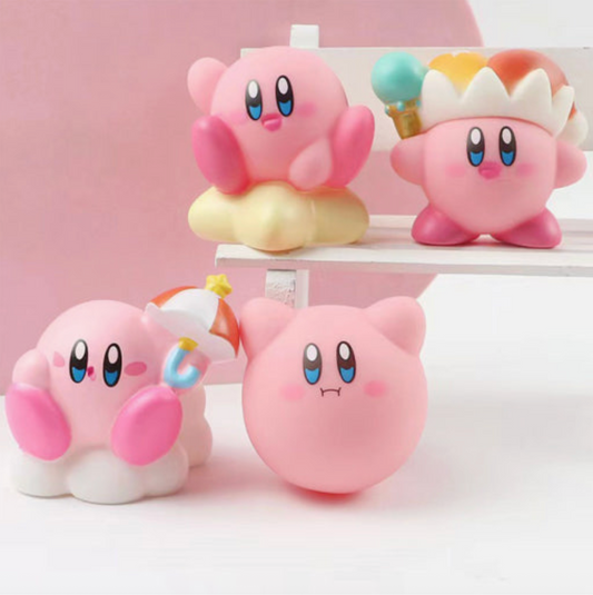 Four pink cartoon characters with blue eyes and colorful hats on a white stand against a pink background.