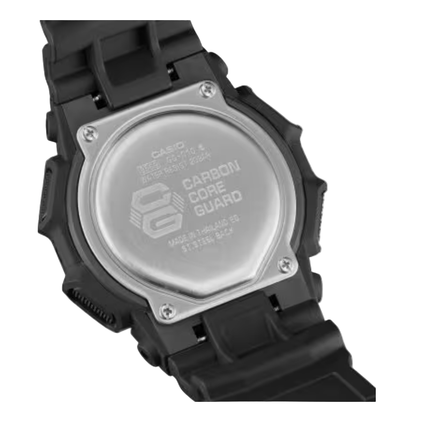 Black Casio watch with 'Carbon Core Guard' text on a white background