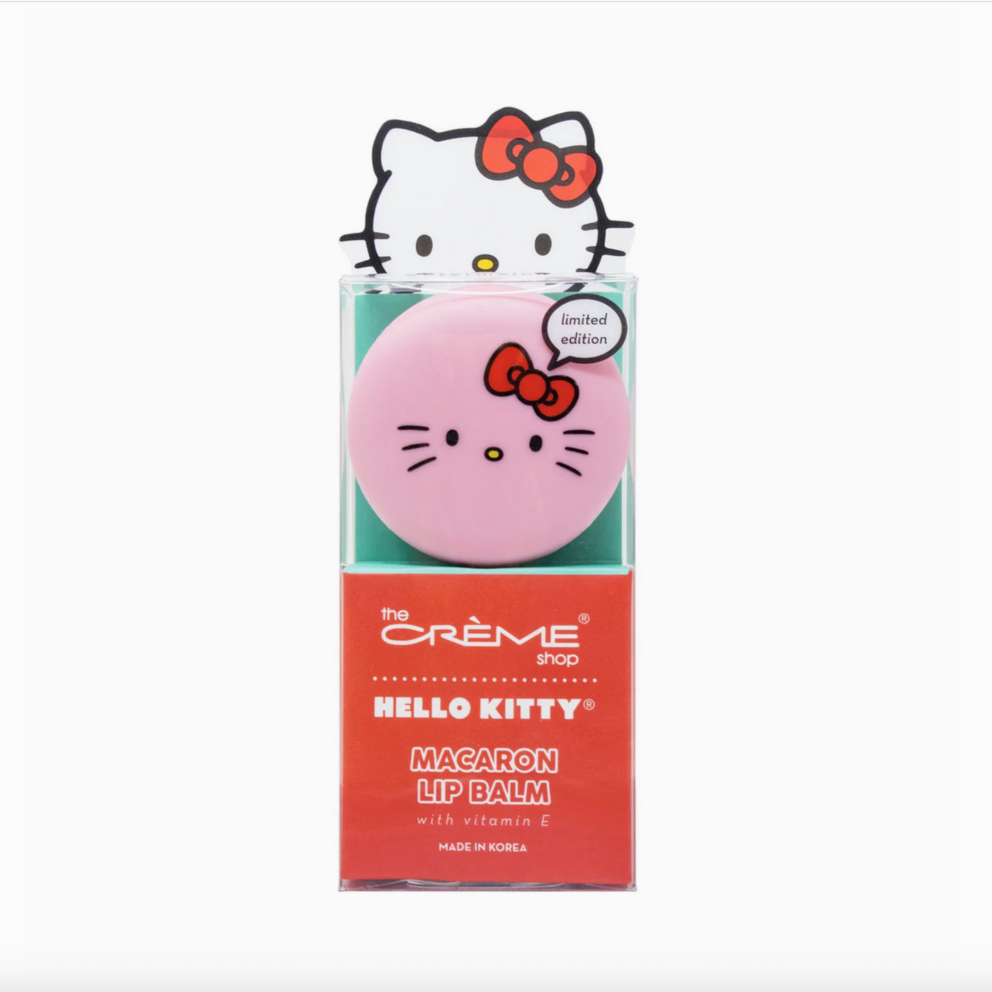 Hello Kitty lip balm packaging with 'the Crème shop' branding on a white background