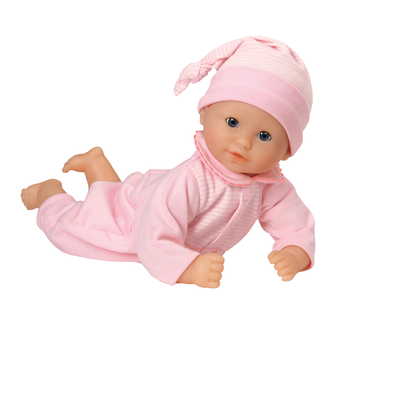Baby doll in pink outfit and hat on a white background
