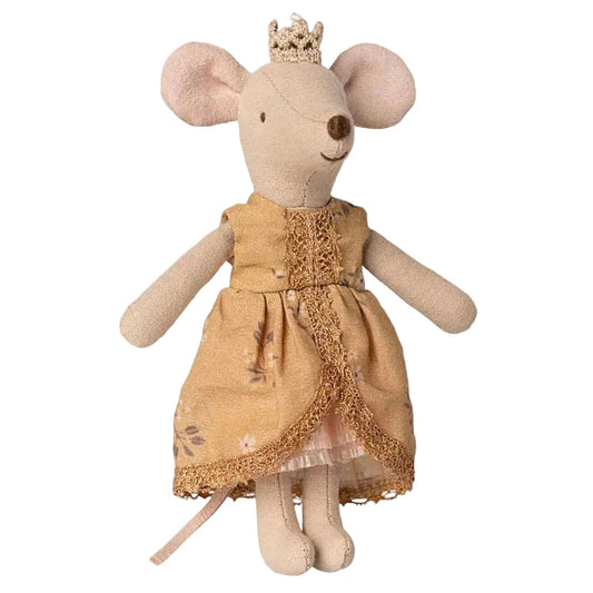 Stuffed mouse toy wearing a dress and crown on a white background