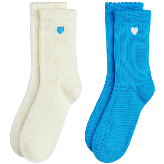 Two pairs of socks, one white and one blue, with heart designs on a white background.
