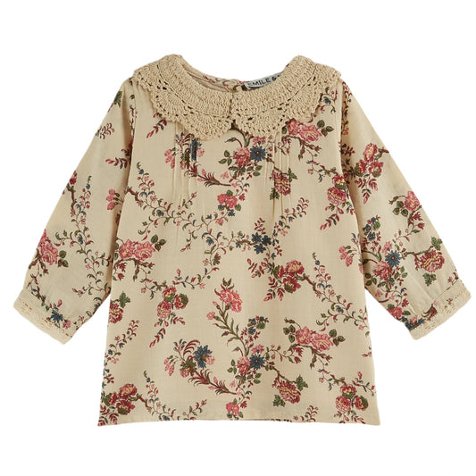 ORCHID FLORAL WITH CHROCHETED COLLAR DRESS - ECRU