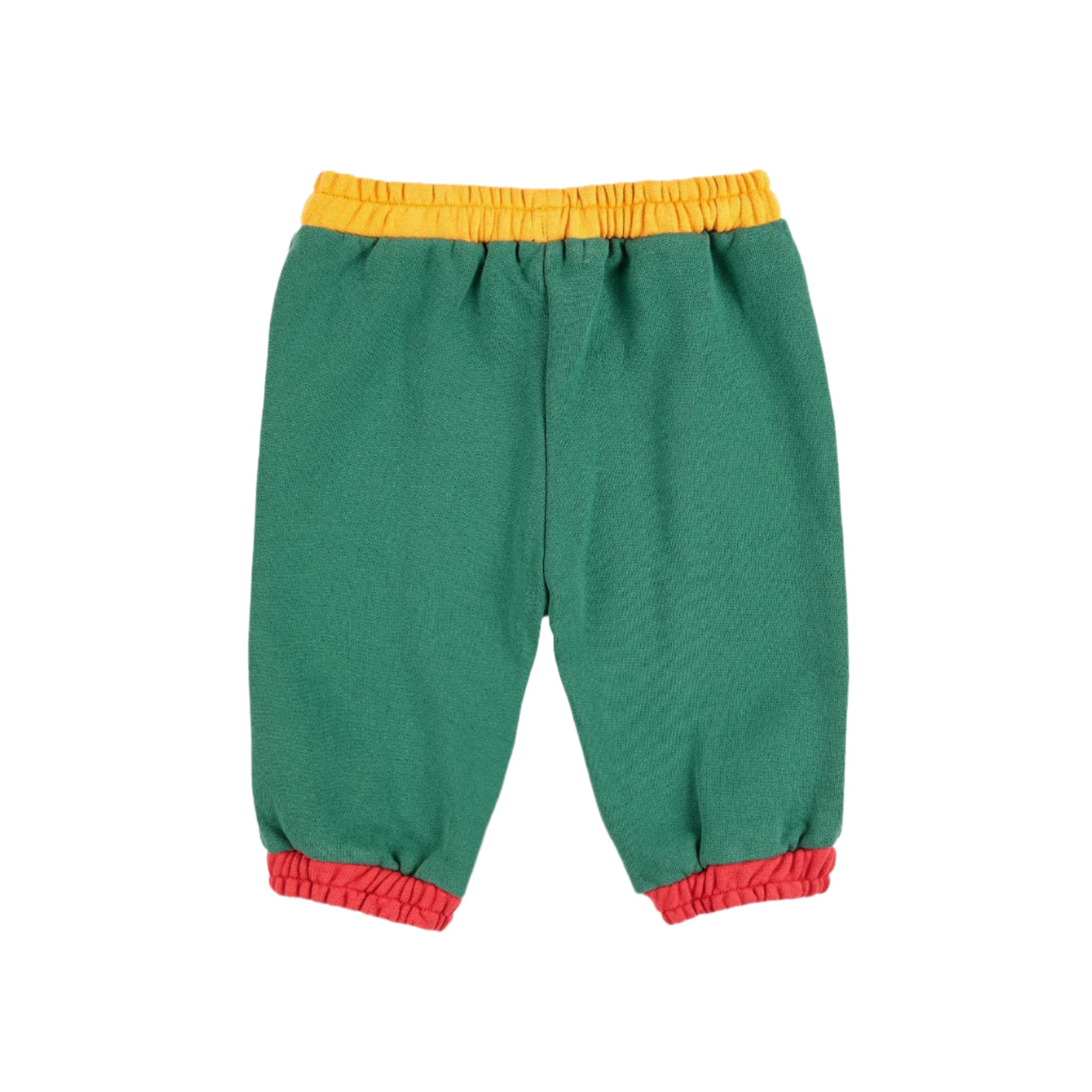 Green children's pants with yellow waistband and red cuffs on a white background