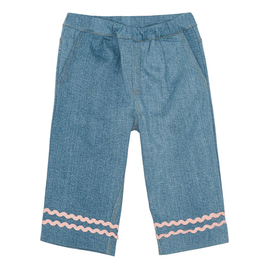 Blue pants with pink wavy bands on a white background