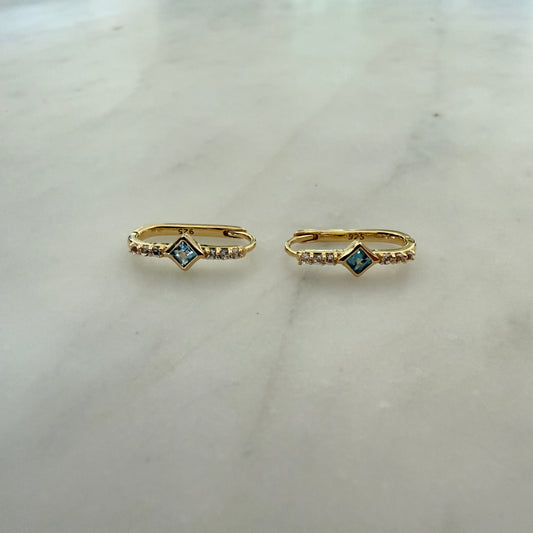 BLUE TOPAZ & WHITE QUARTZ HUGGIE HOOPS