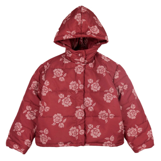 red puffer jacket with off white cross-stitch flower print