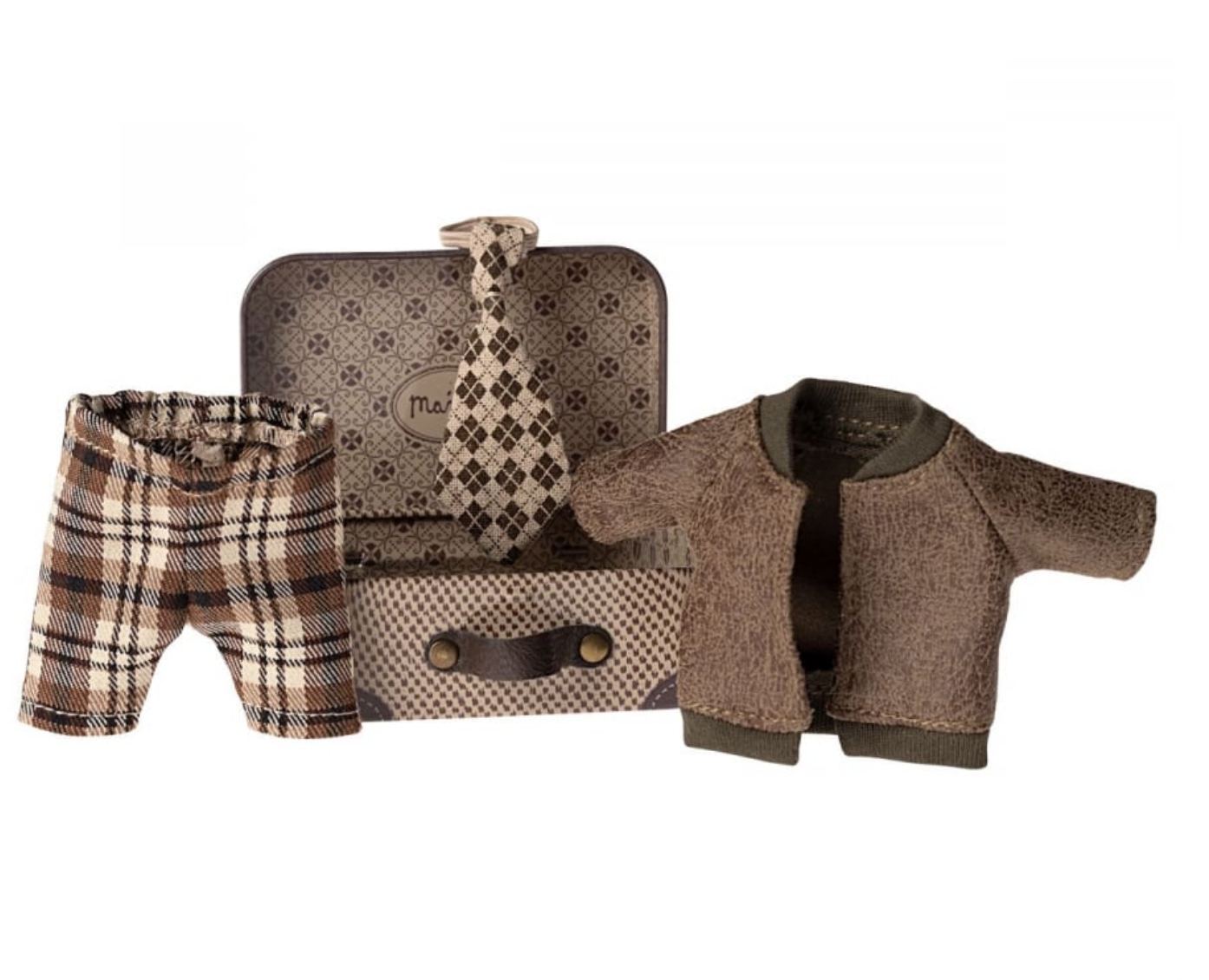 MAILEG KNITTED JACKET, PANTS & TIE IN SUITCASE