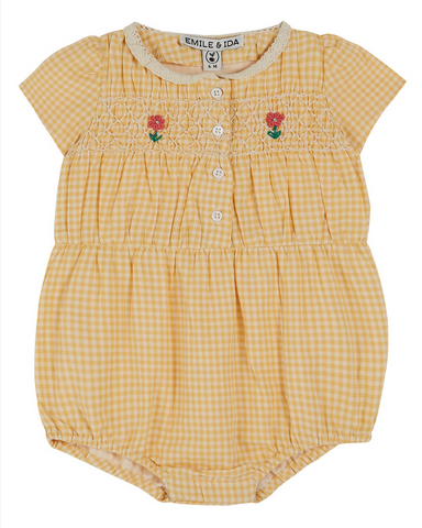 EMBROIERED BABY ROMPER LACE COLLAR VICHY JAUNE