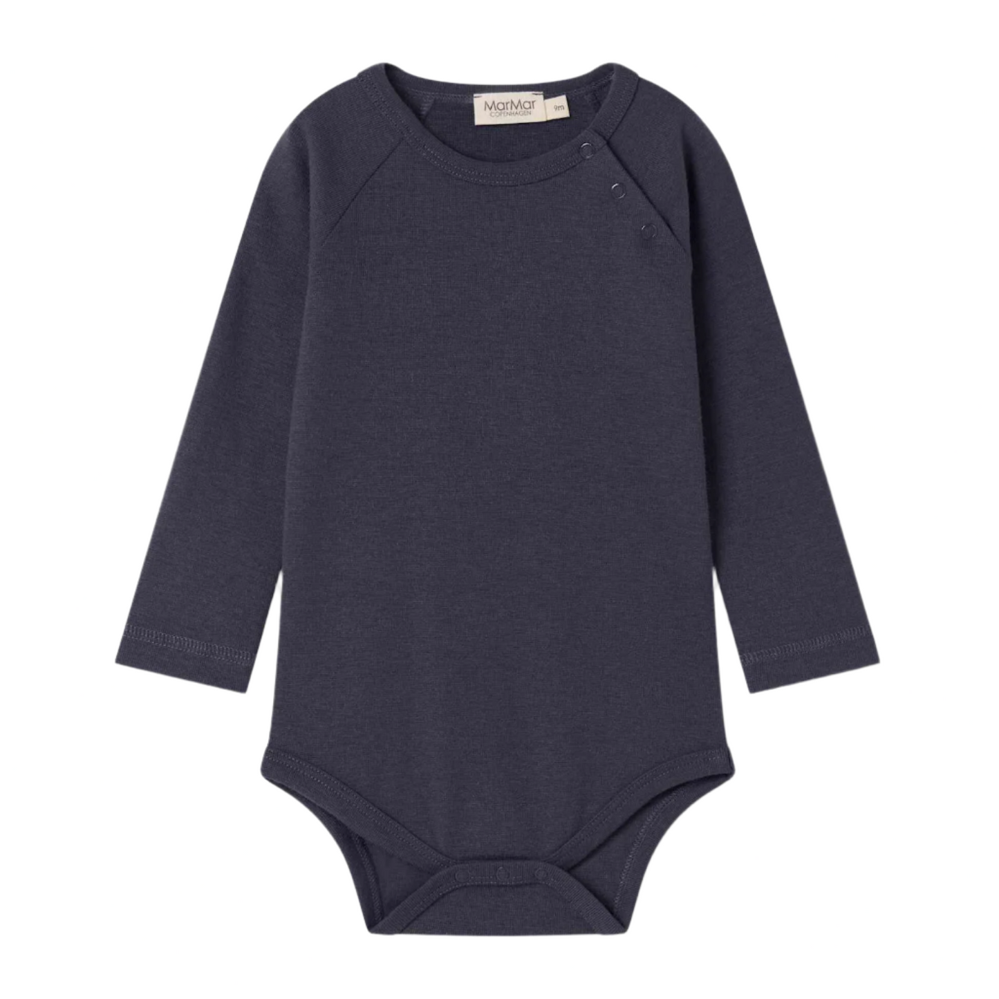 Navy blue baby bodysuit on a white background