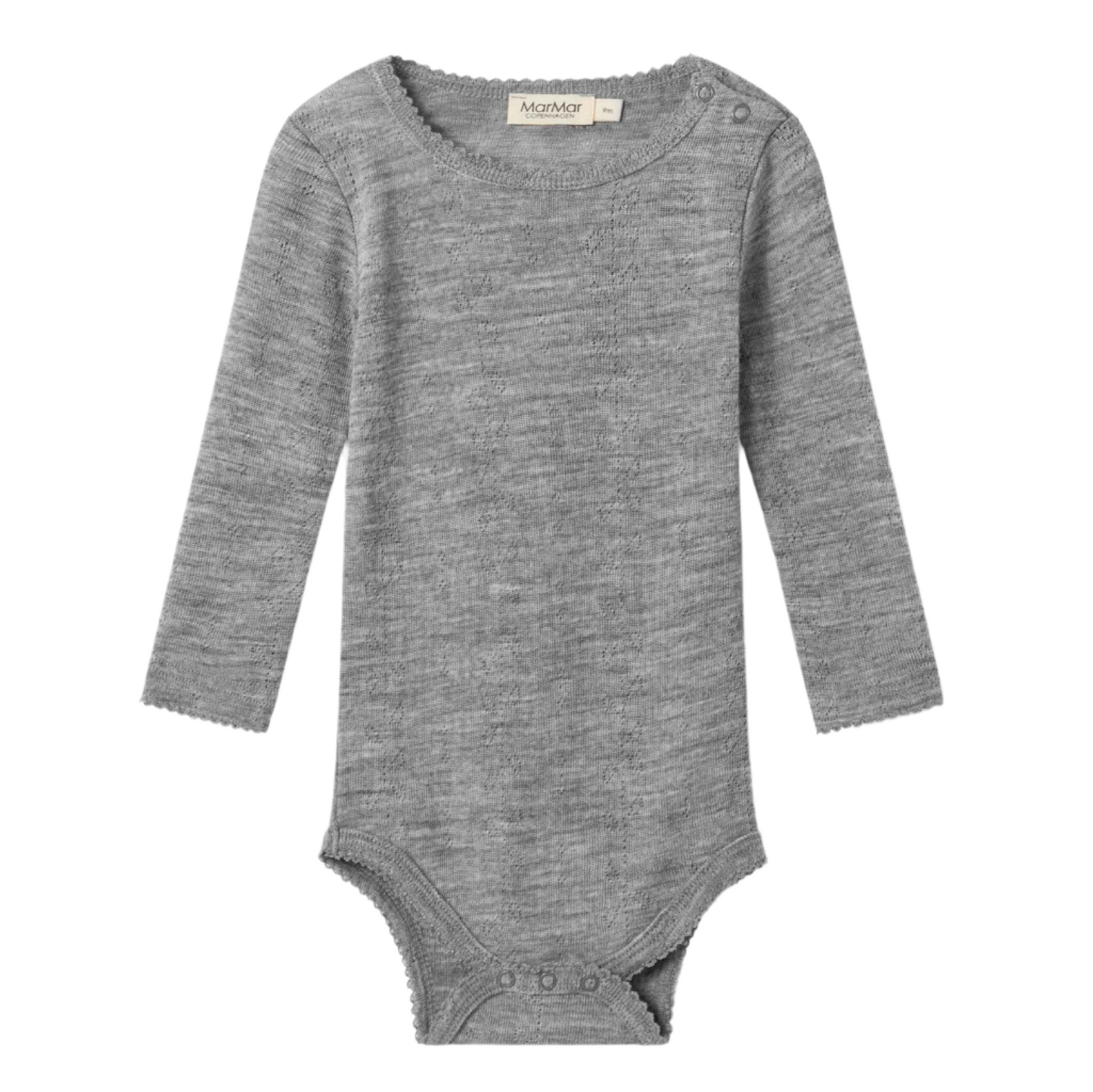Gray baby bodysuit with long sleeves on a white background