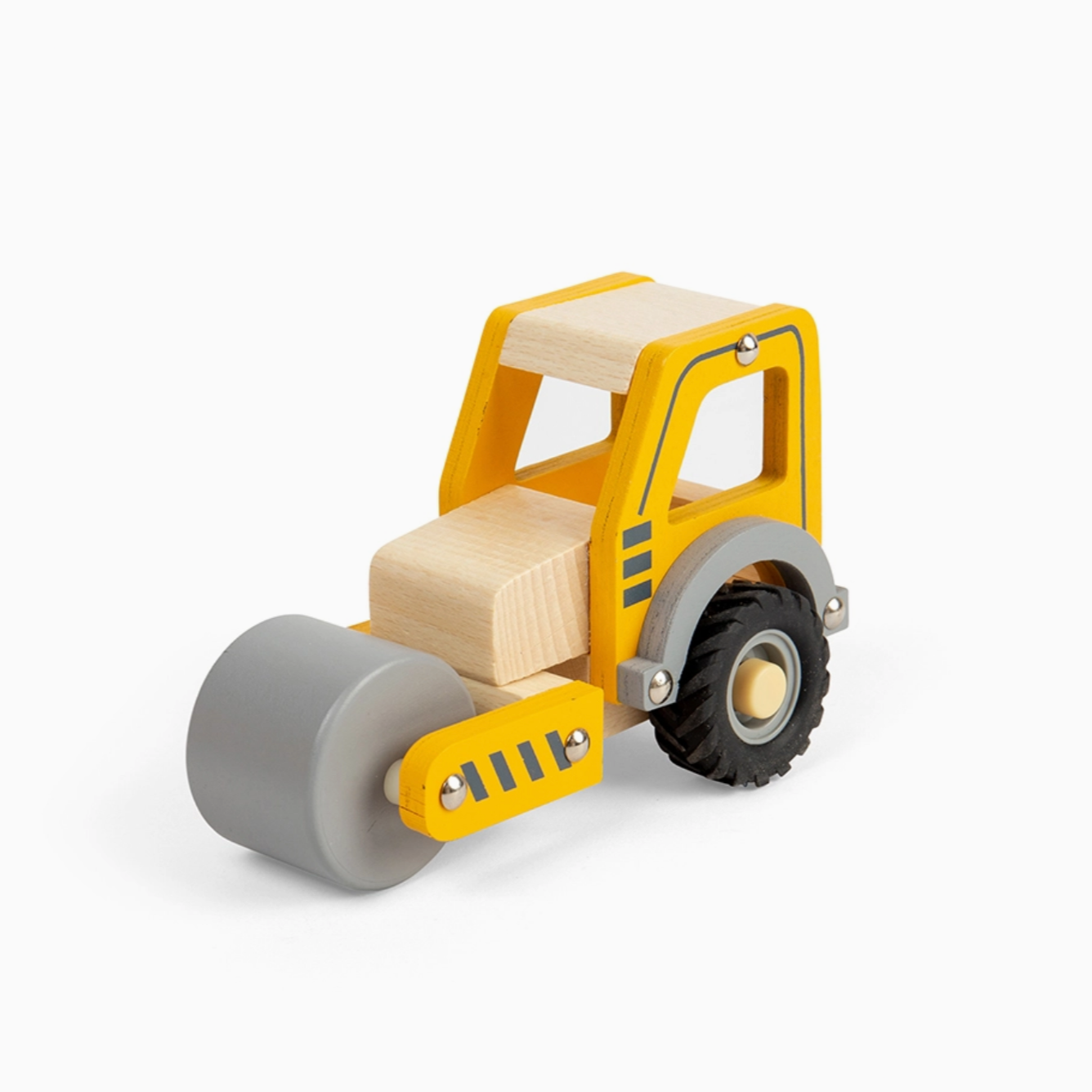 Wooden toy roller compactor on a white background