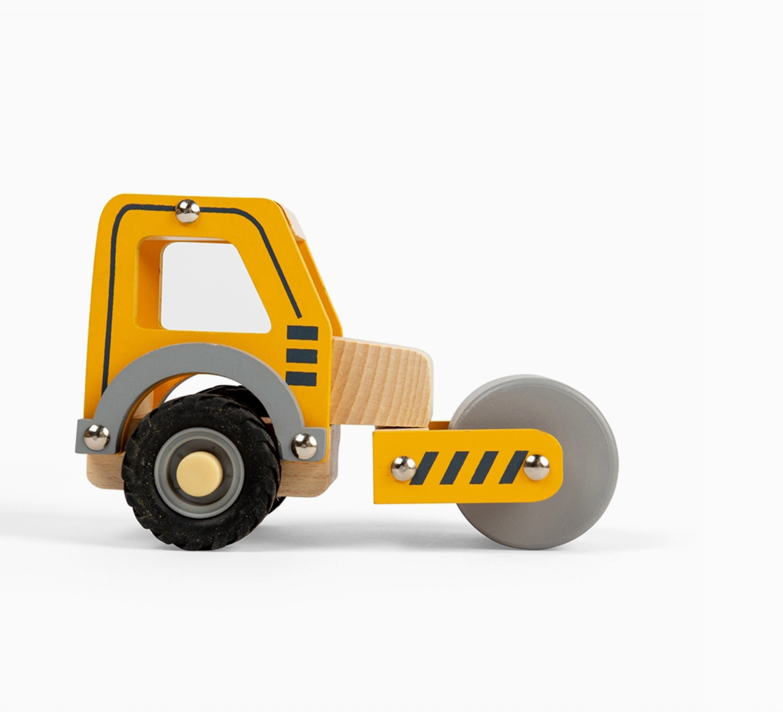 Toy bulldozer with yellow and gray colors on a white background