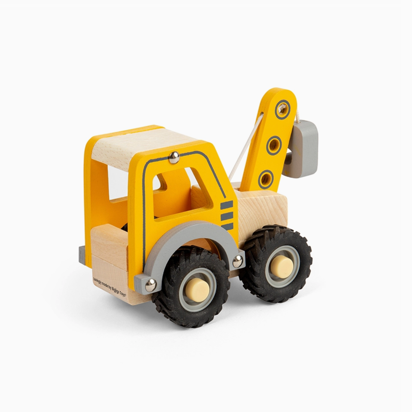 Toy bulldozer with yellow and brown colors on a white background