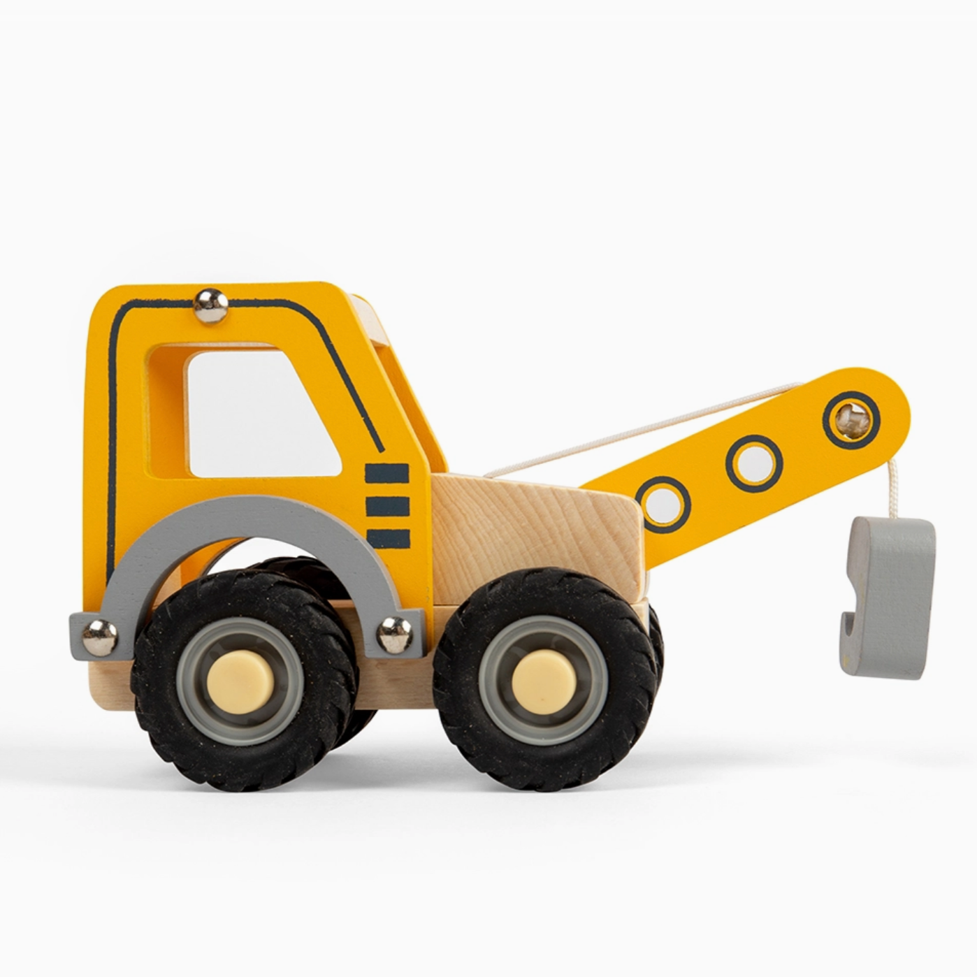 Toy bulldozer with a yellow body and gray wheels on a white background
