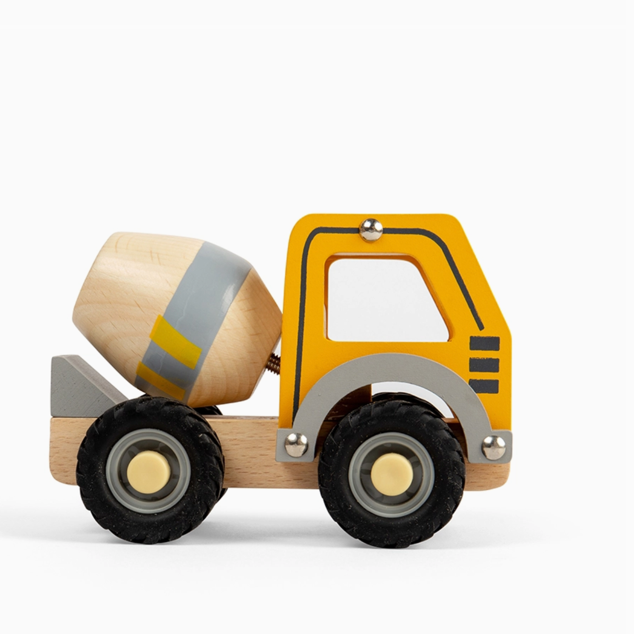 Wooden toy cement mixer truck on a white background