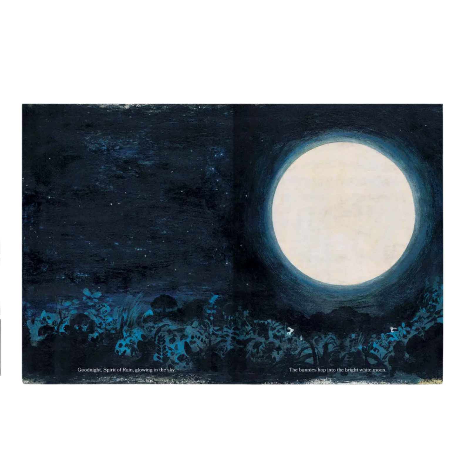 Framed artwork of a large moon with a dark landscape below on a white background.
