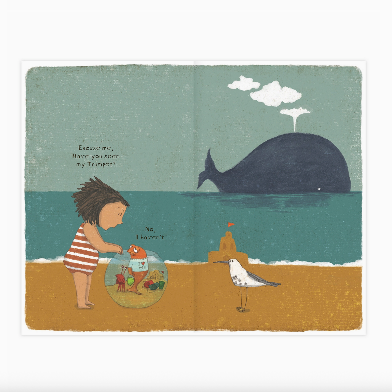 Illustration of a child, sandcastle, and whale in a children's book