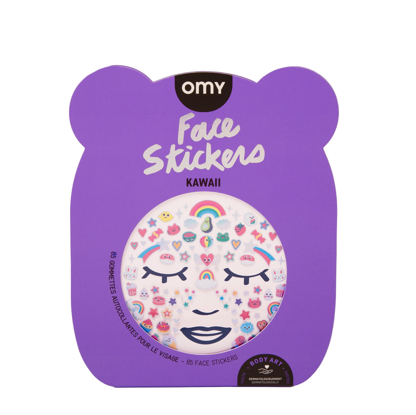 Packaging of OMY Face Stickers with a purple bear-shaped box on a white background