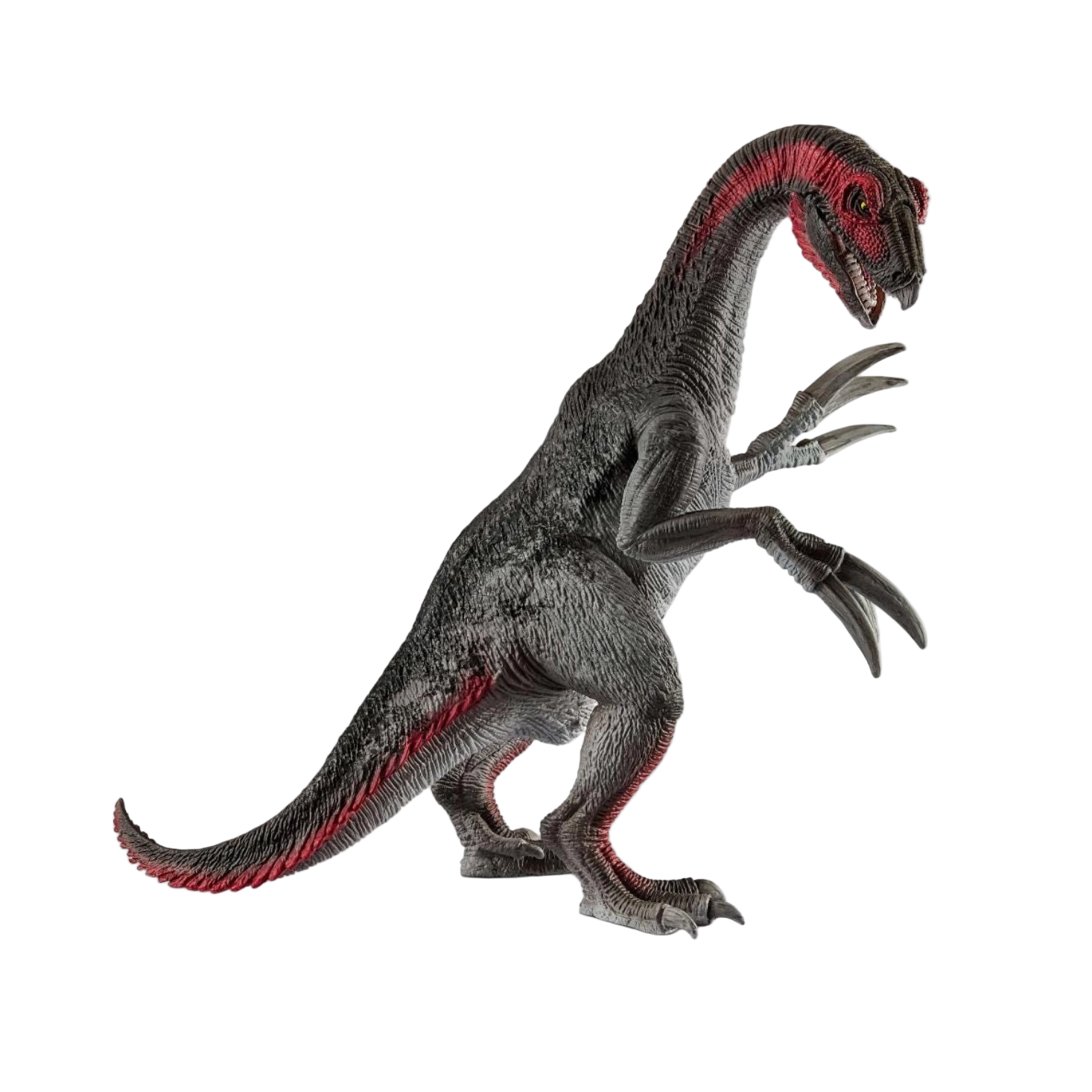 Dinosaur toy figure with red accents on a white background