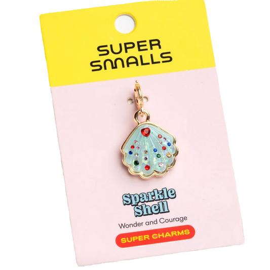 Seashell charm on a 'Super Smalls' branded card with a yellow top section.