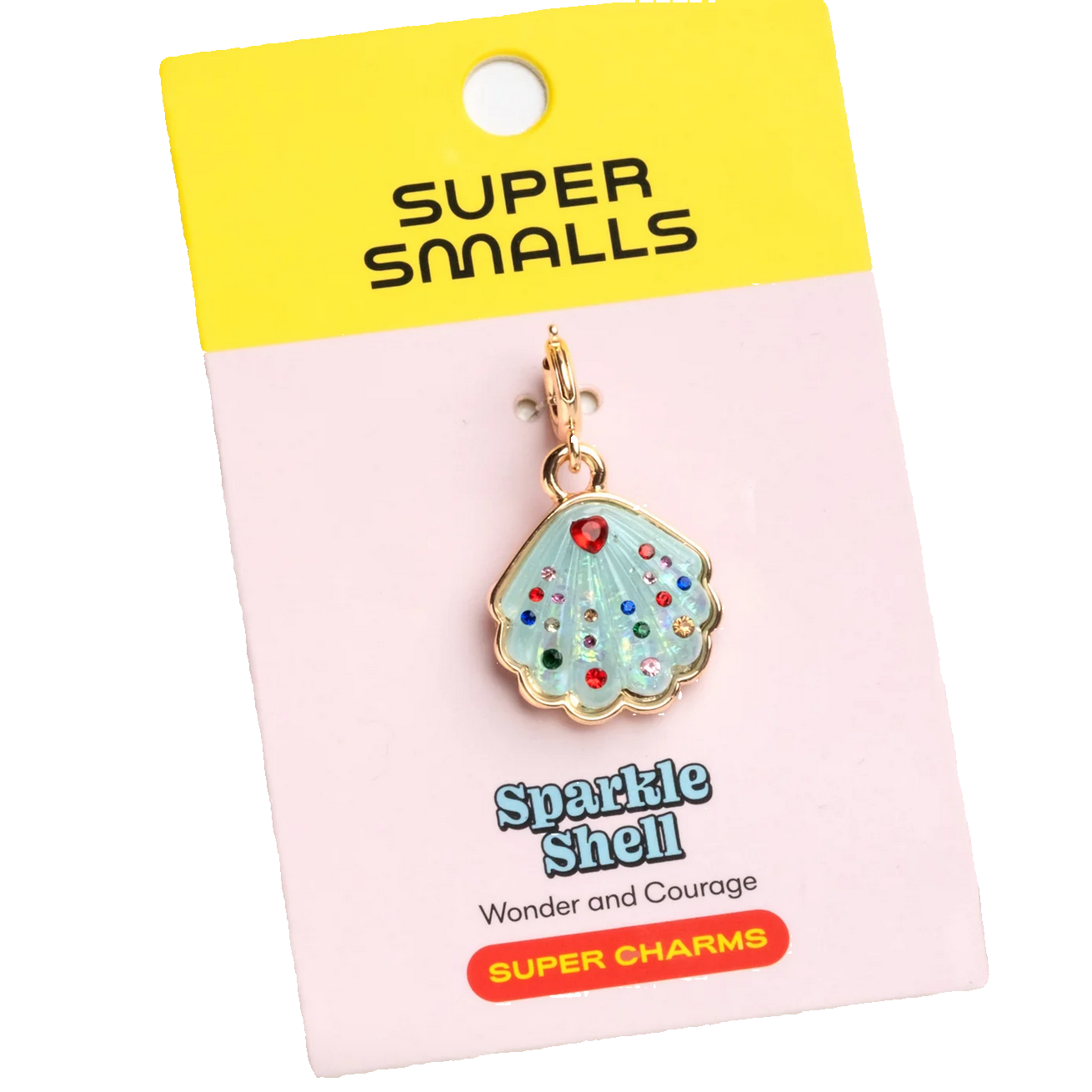 Seashell charm on a 'Super Smalls' branded card with a yellow top section.