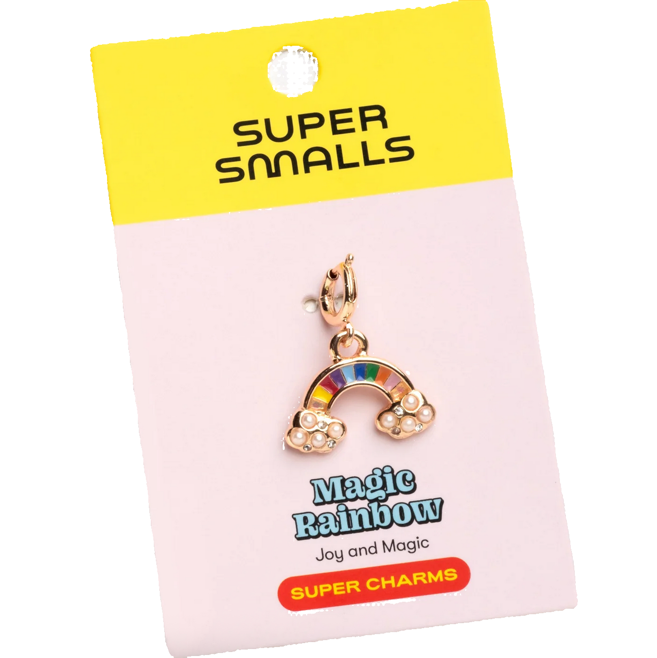 Super Smalls rainbow charm on a pink card with yellow top