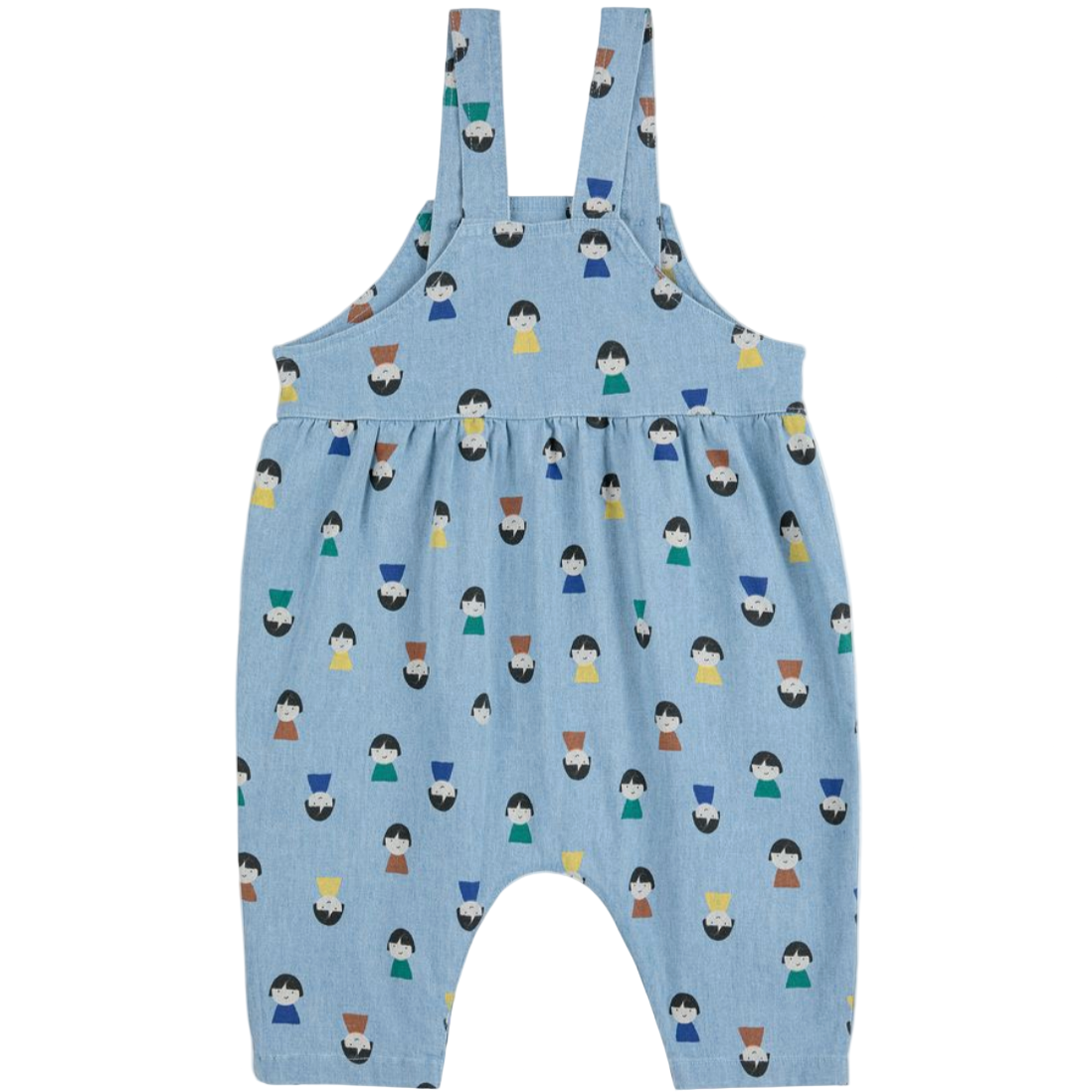 Blue children's overalls with colorful pattern on a white background