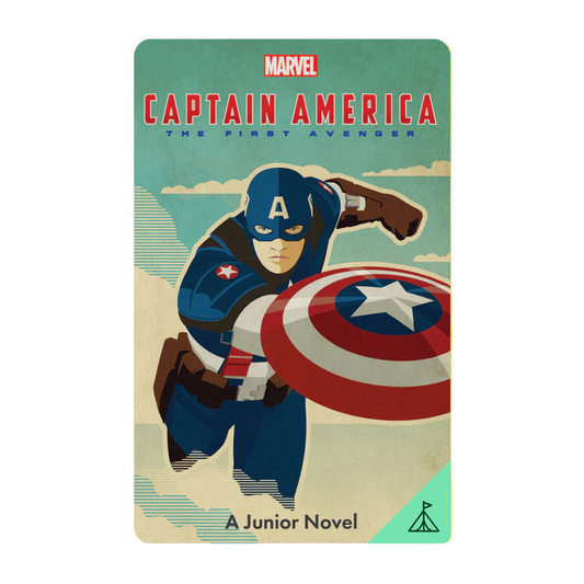 Book cover of 'Captain America: The First Avenger' junior novel with superhero design on a yellow background