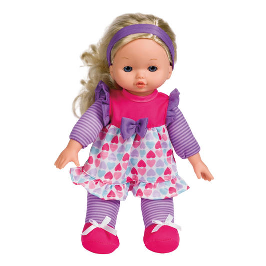 Doll wearing a pink and purple outfit with a heart-patterned skirt on a white background