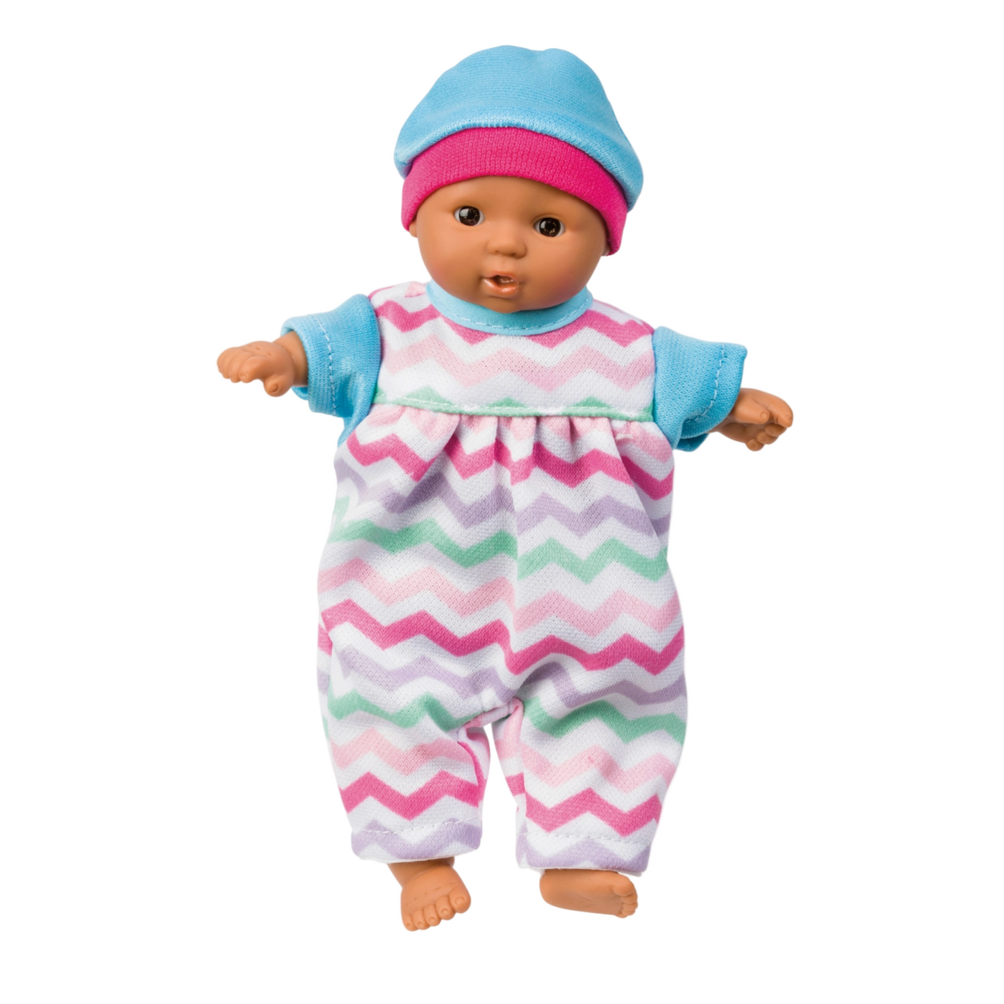 Baby doll wearing a colorful outfit with a pink and blue hat on a white background