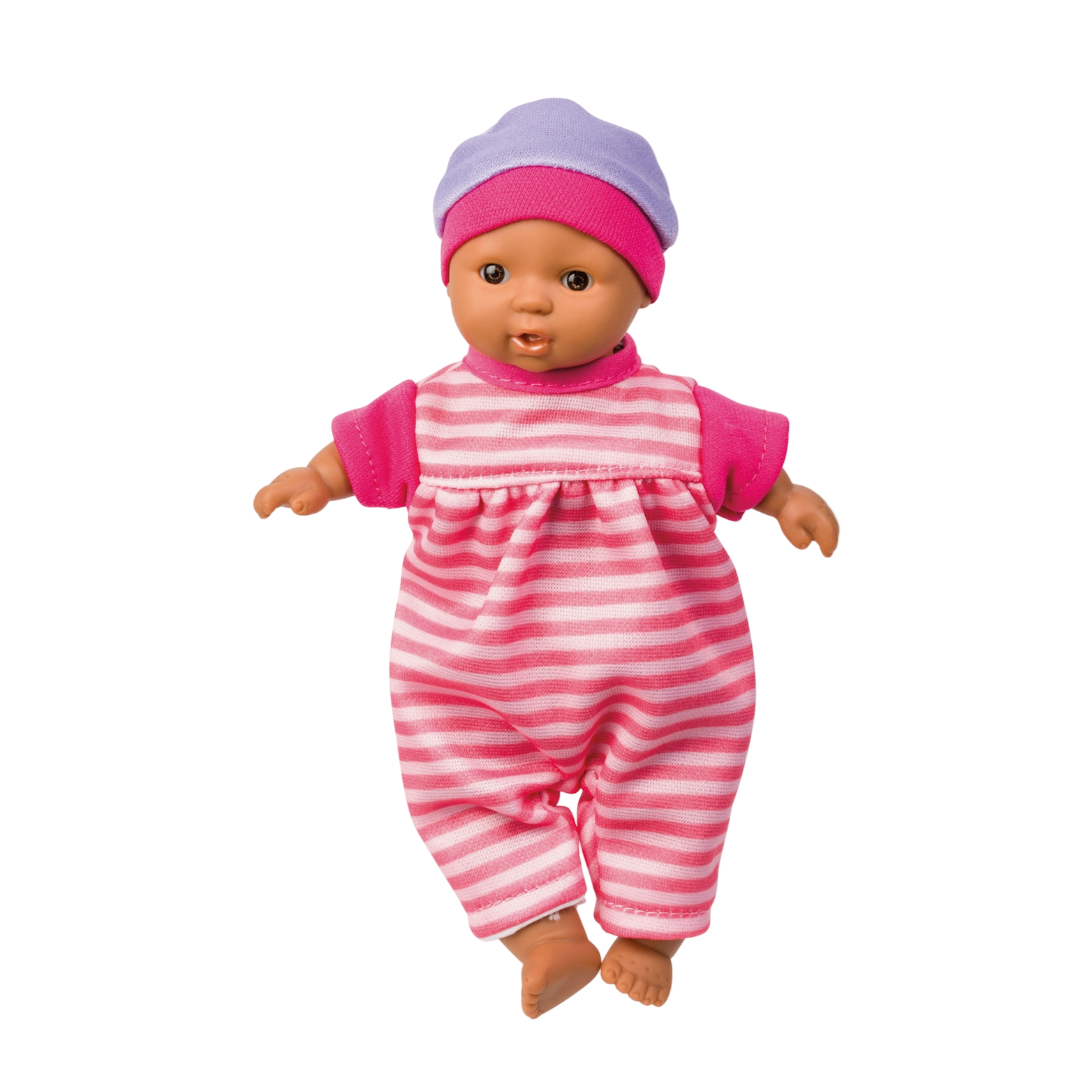 Baby doll wearing a pink and white striped outfit with a matching hat on a white background