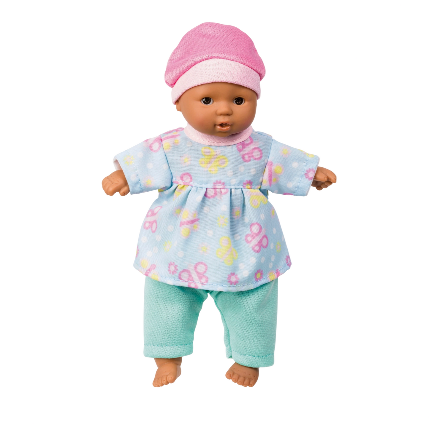 Baby doll wearing a light blue outfit with floral patterns and a pink hat on a white background.