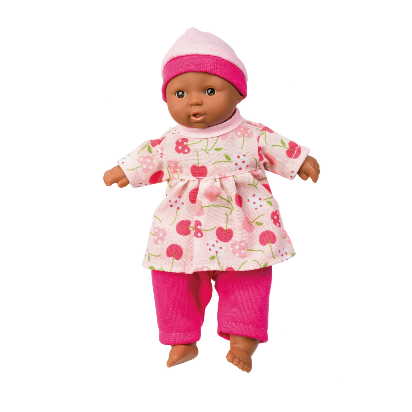 Doll wearing a floral dress and pink pants on a white background