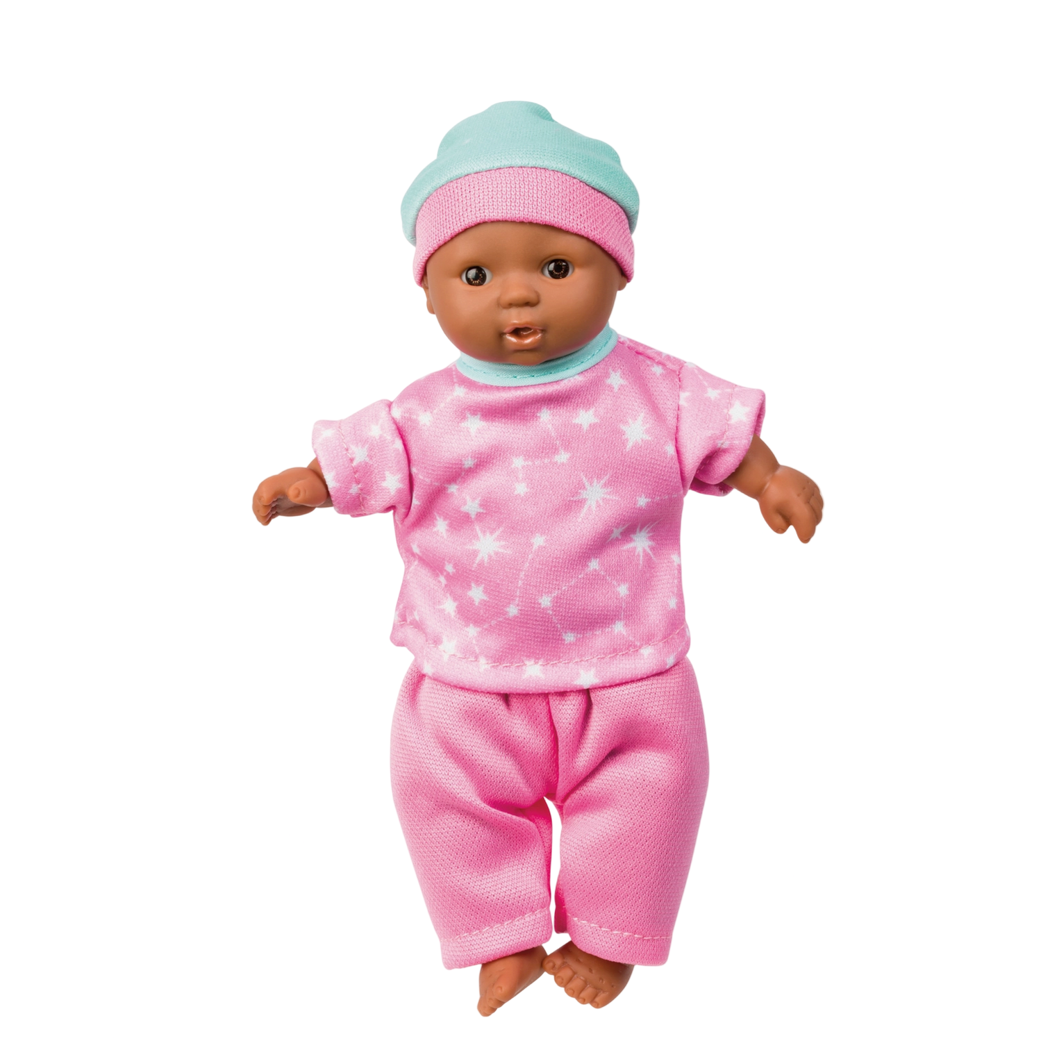 Baby doll wearing a pink outfit with a star pattern on a white background