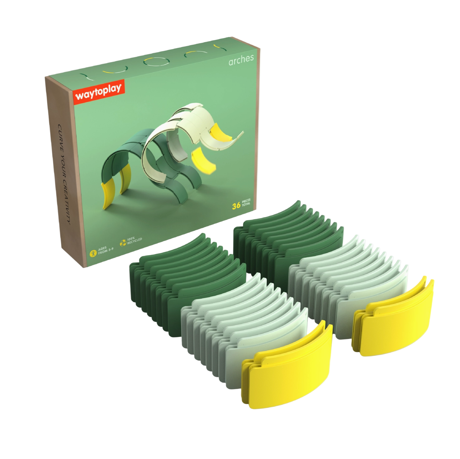 Set of green and yellow geometric shapes with packaging labeled 'waytoplay' on a white background