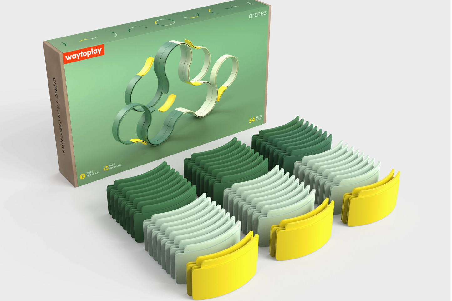 Set of colorful geometric shapes with a green box labeled 'waytoplay' on a white background