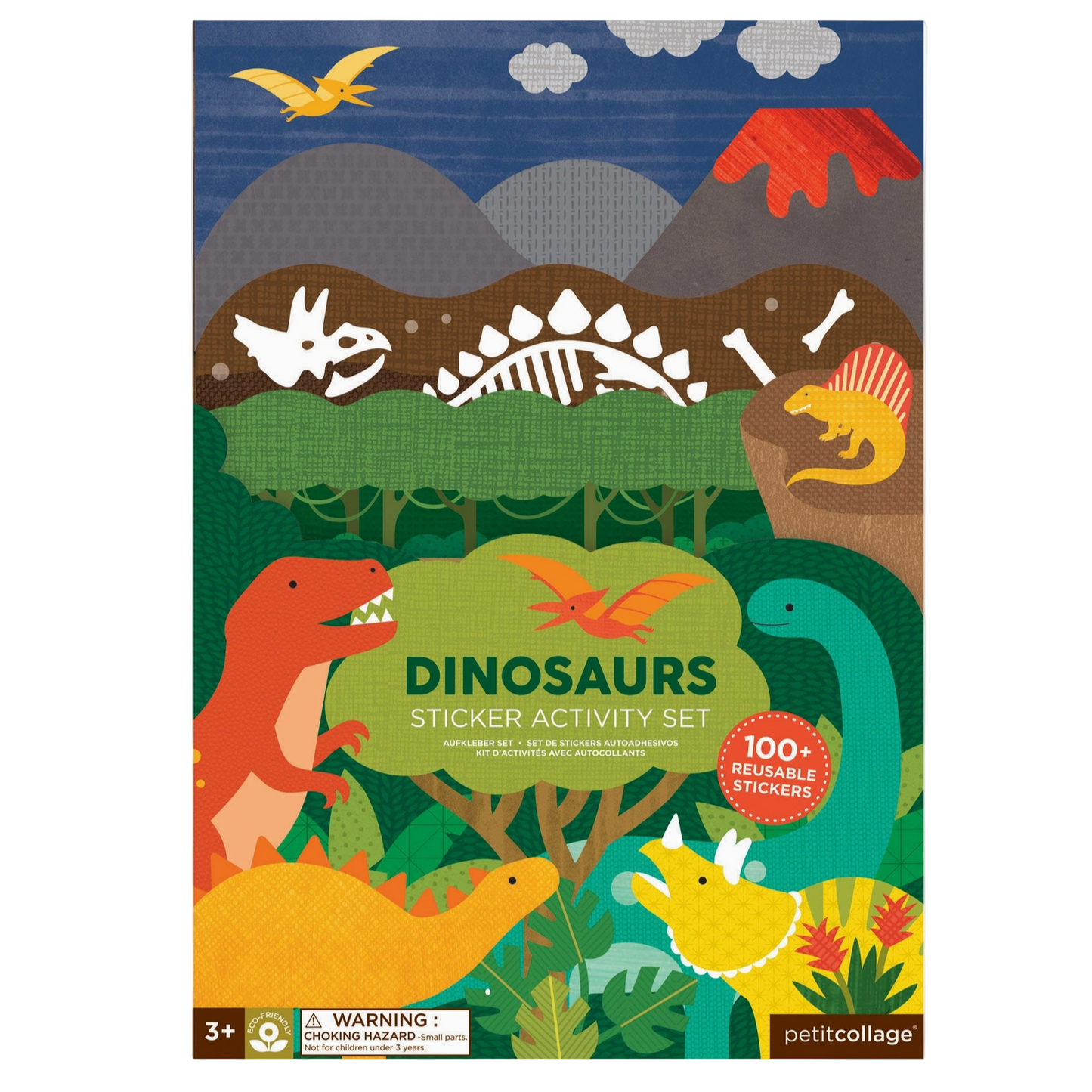Dinosaurs sticker activity set packaging with colorful illustrations of dinosaurs and a skeleton.
