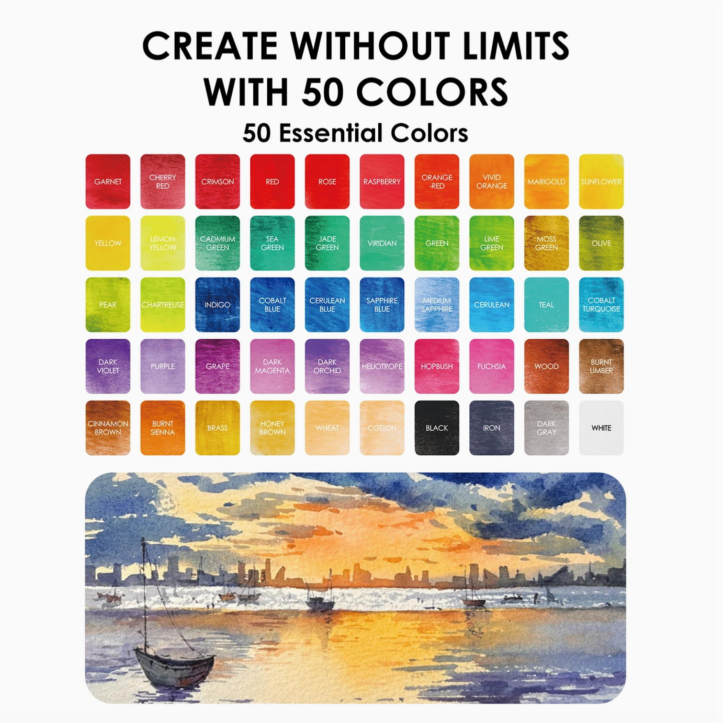 Color swatch chart with 50 colors and a watercolor painting of a sunset over water.