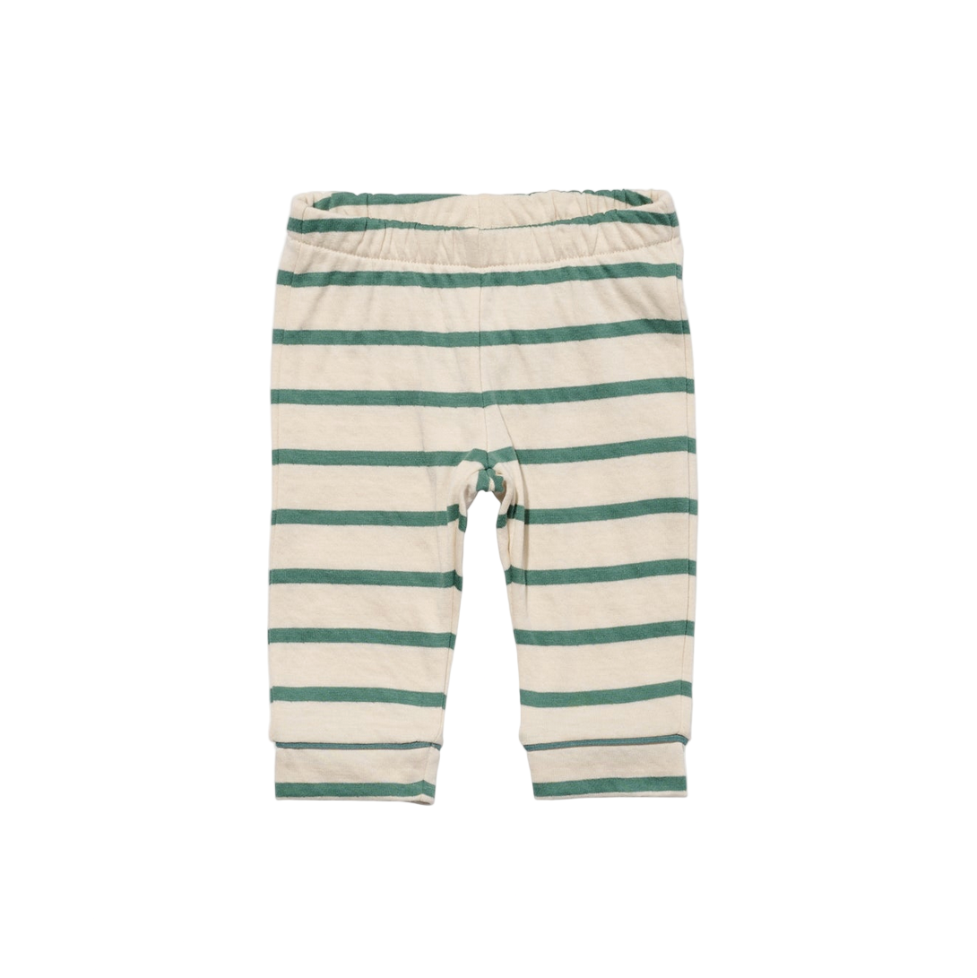 Striped baby leggings with a white tag on a white background