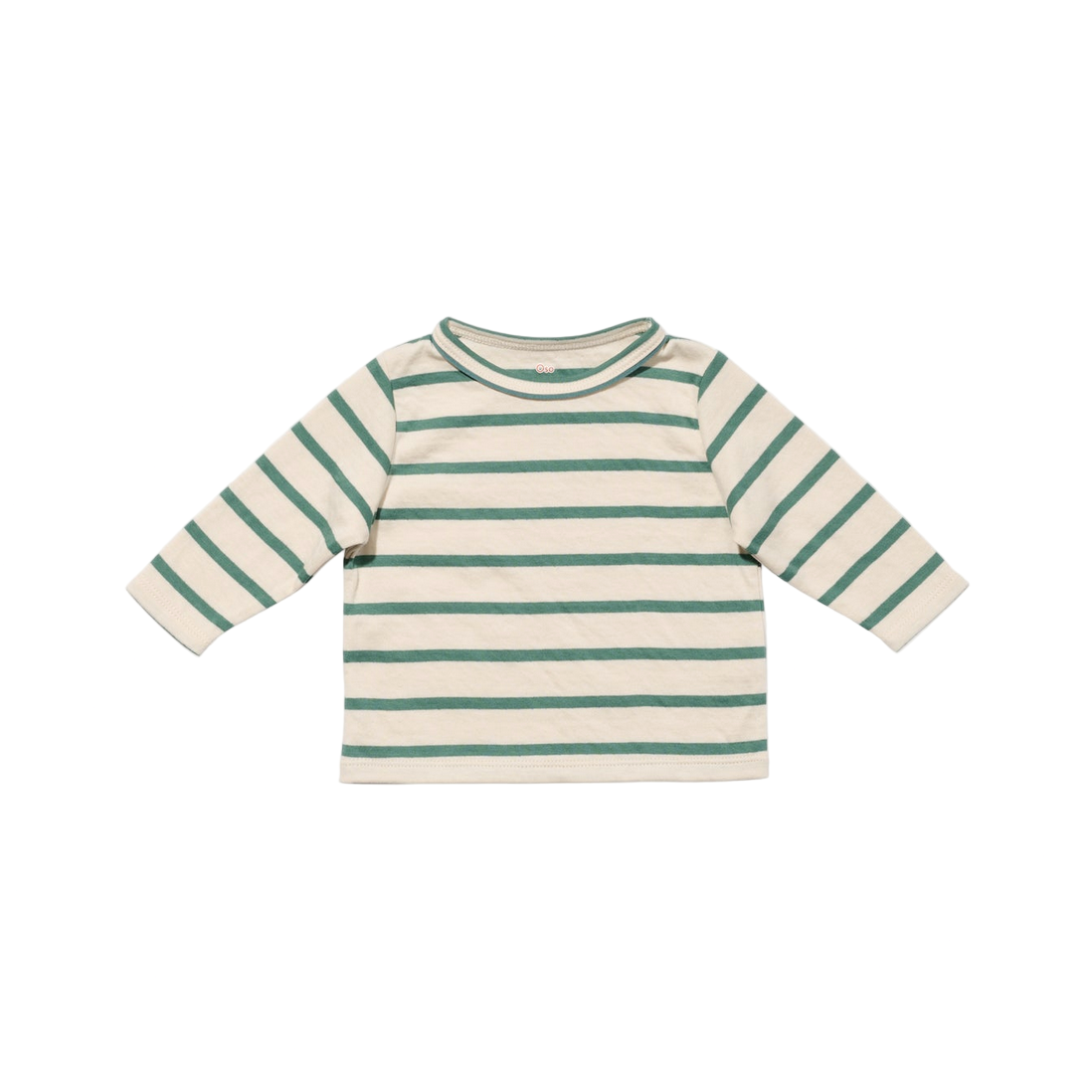 Striped long-sleeve shirt with green and white stripes on a light gray background