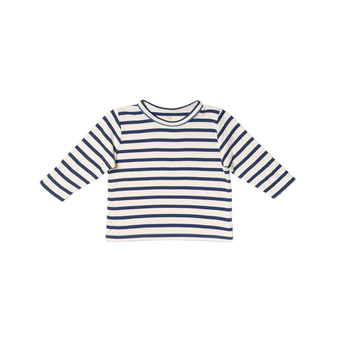 Navy and white striped long-sleeve shirt on a light beige background